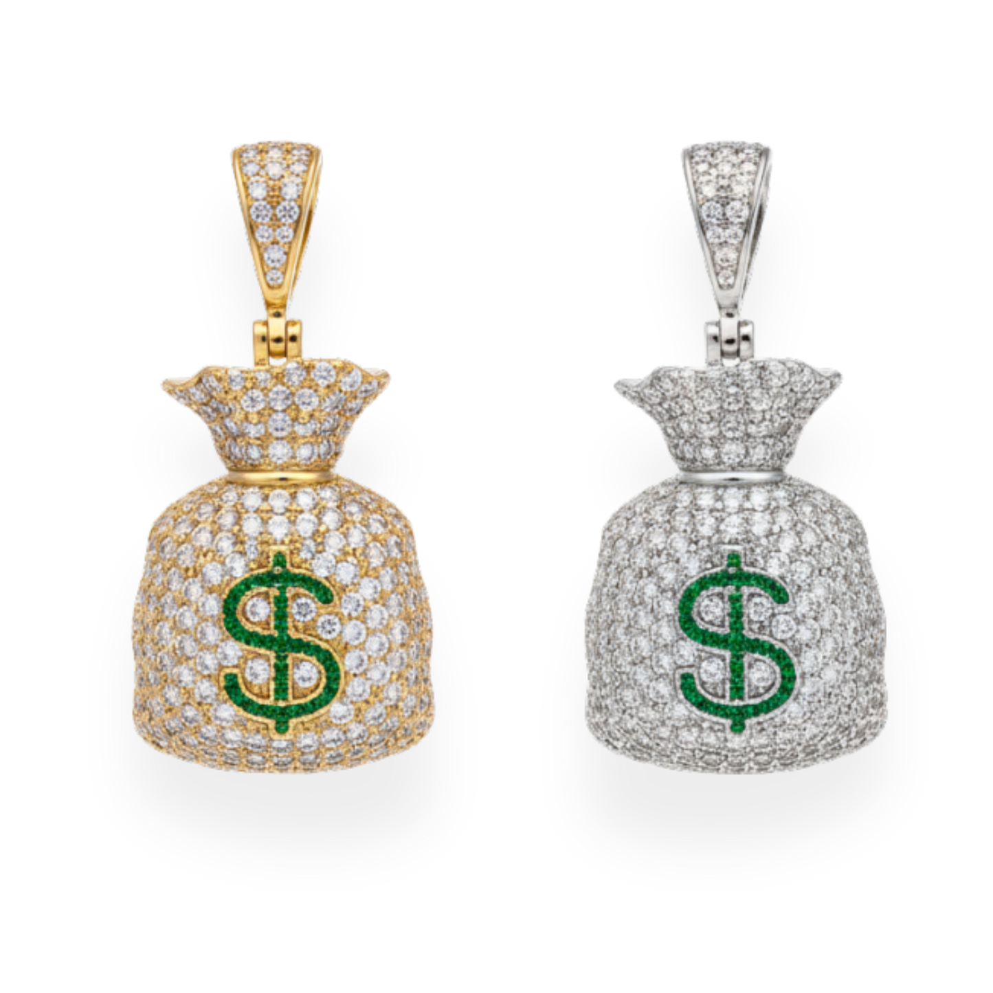 925 Silver Gold Plated Money Bag Dollar Sign Iced Pendant Emoji CZ Hip Hop