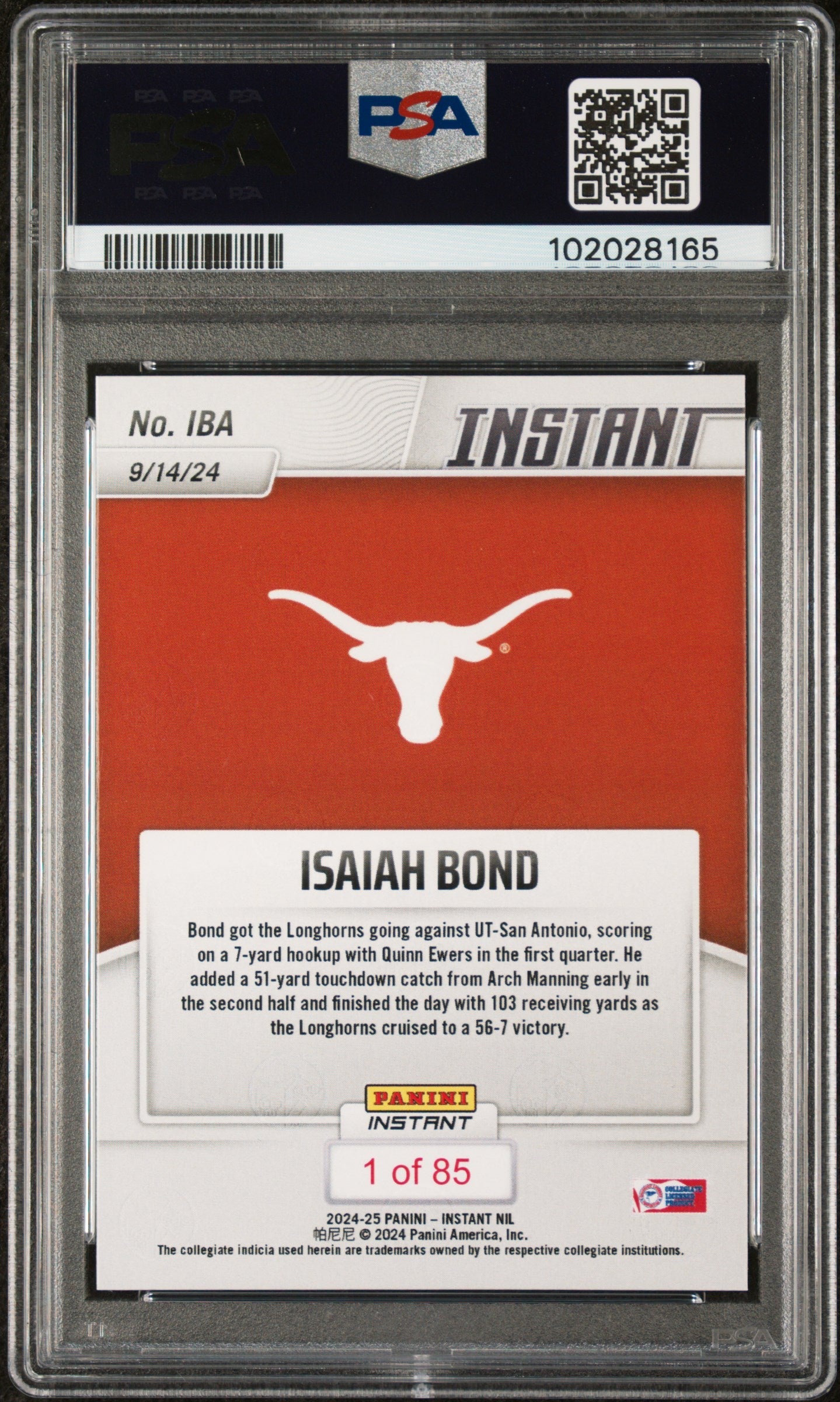 Graded 2024 Panini Instant NIL Isaiah Bond #IBA Rookie RC Football Card PSA 10 Gem Mint
