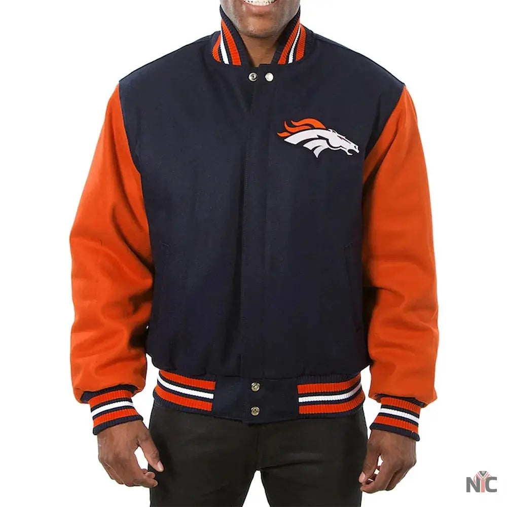Denver Broncos Blue and Orange Varsity Orange Wool Jacket