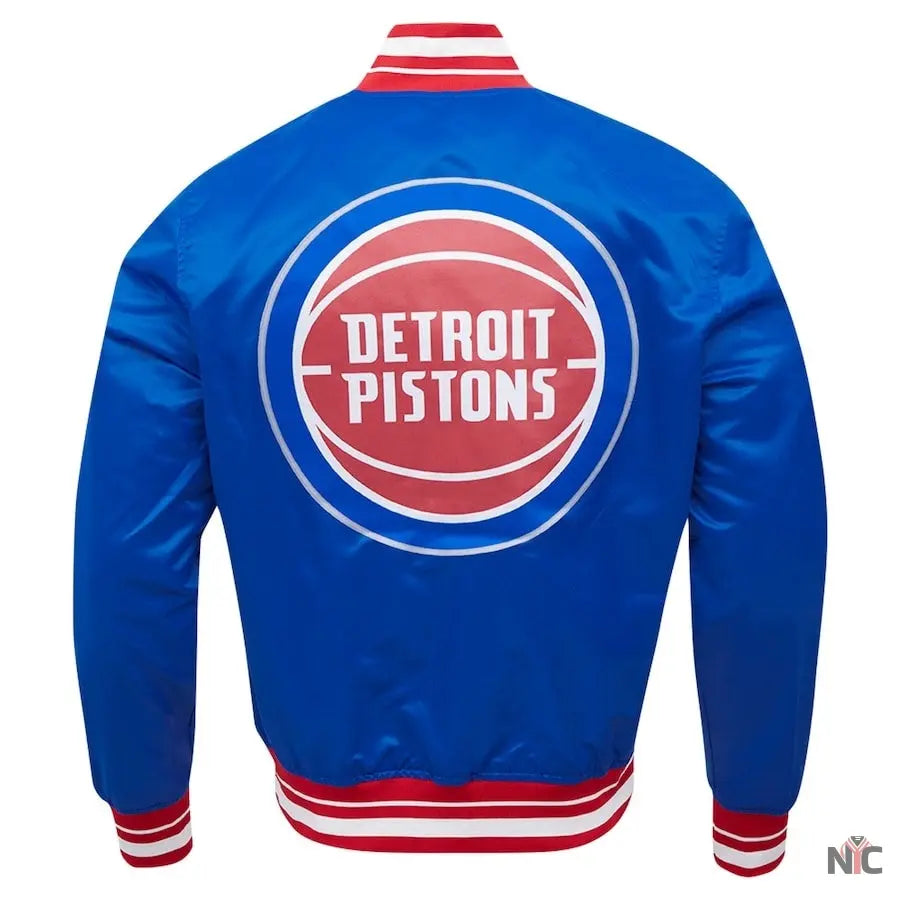 Detroit Pistons Script Tail Blue Satin Varsity Jacket