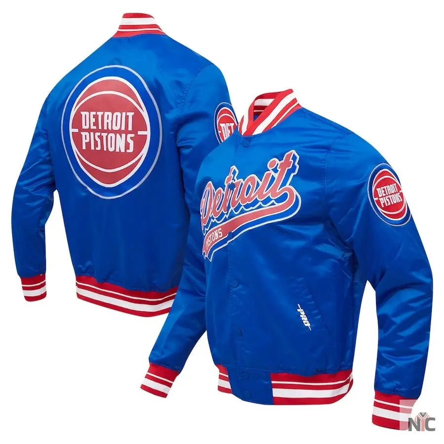 Detroit Pistons Script Tail Blue Satin Varsity Jacket