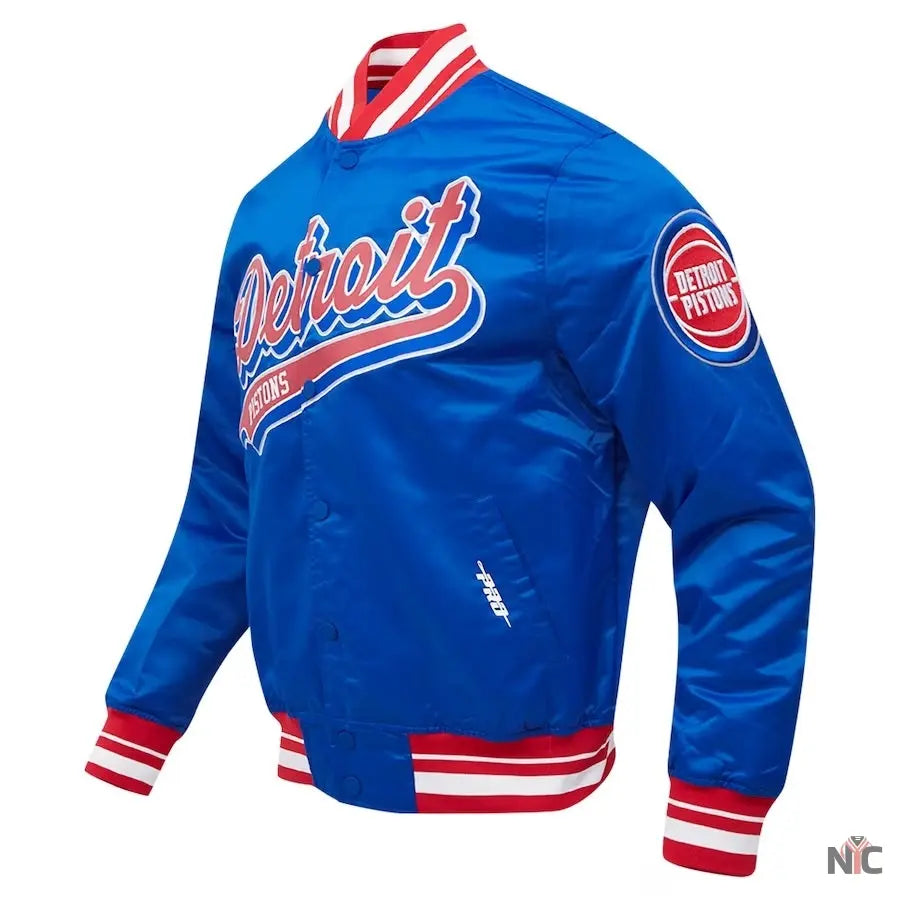 Detroit Pistons Script Tail Blue Satin Varsity Jacket