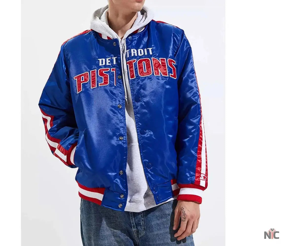Detroit Pistons Striped Varsity Blue Satin Jacket