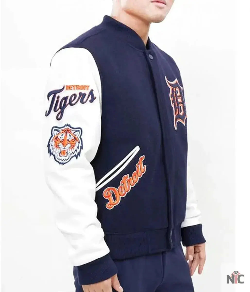Detroit Tigers Navy Blue and White Letterman Jacket
