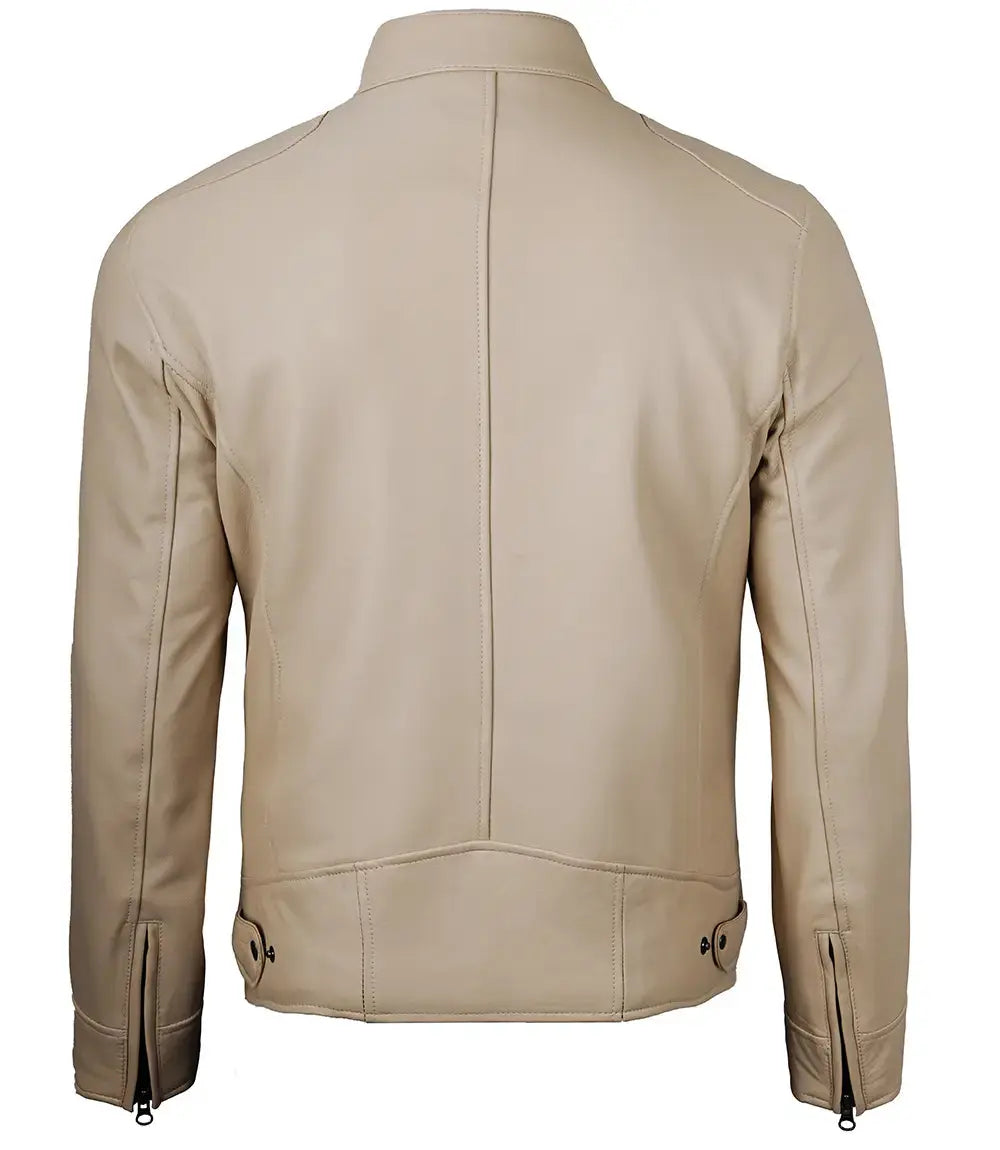 Dodge Men's Beige Leather Cafe Racer Jacket