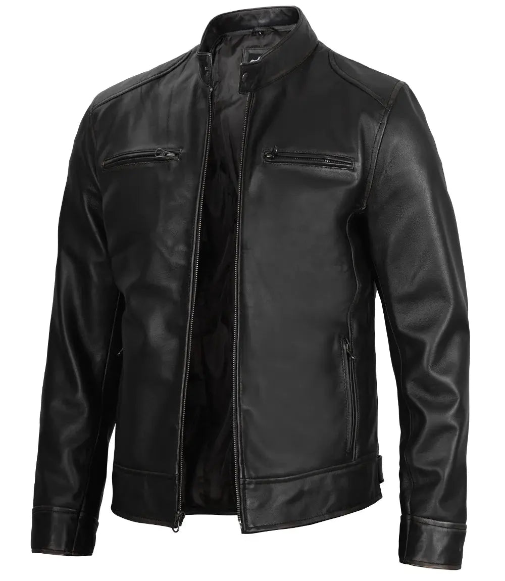 Dodge Men's Black Leather Cafe Racer Jacket