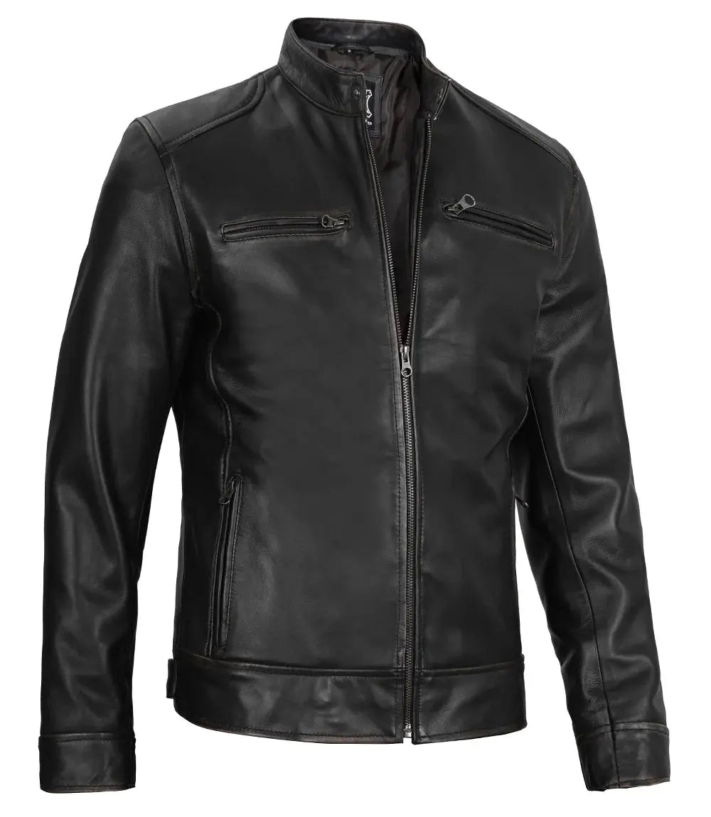 Dodge Men's Black Leather Cafe Racer Jacket