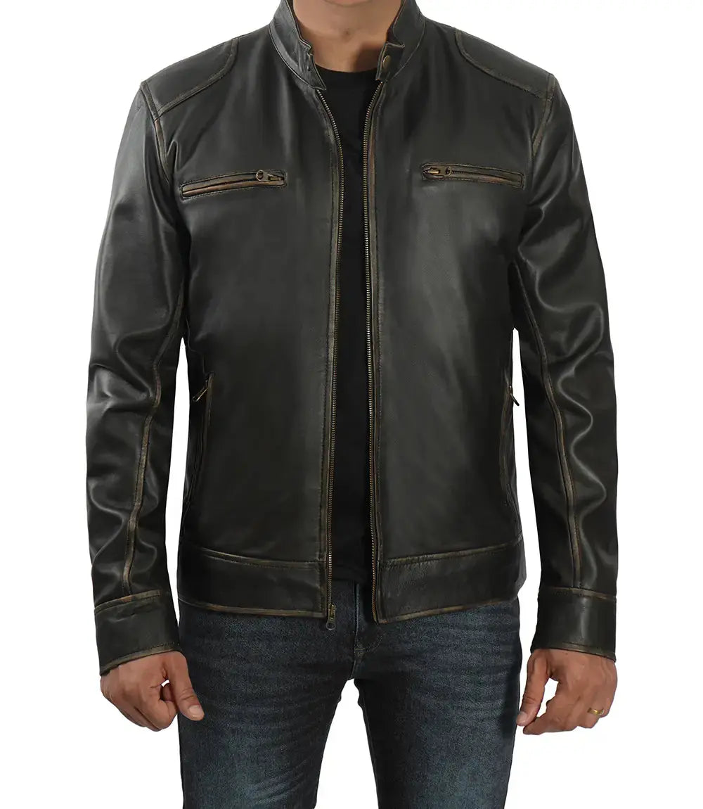 Dodge Tall Men's Rub-off Dark Brown Cafe Racer Leather Jacket