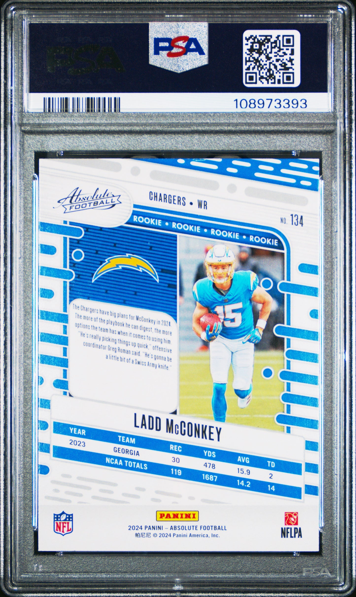 Graded 2024 Panini Absolute Ladd McConkey #134 Red/Blue Rookie RC Football Card PSA 10 Gem Mint