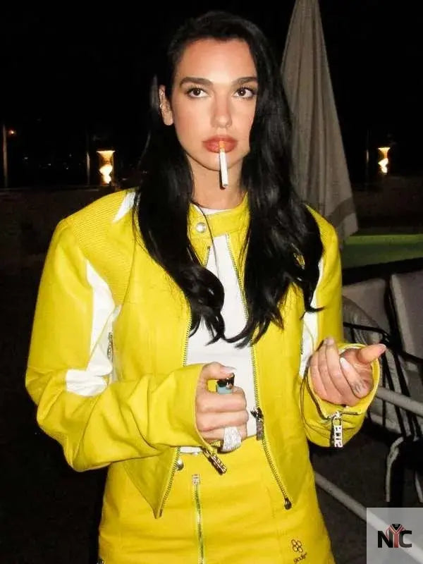 Dua Lipa Spongebob Yellow Leather Jacket