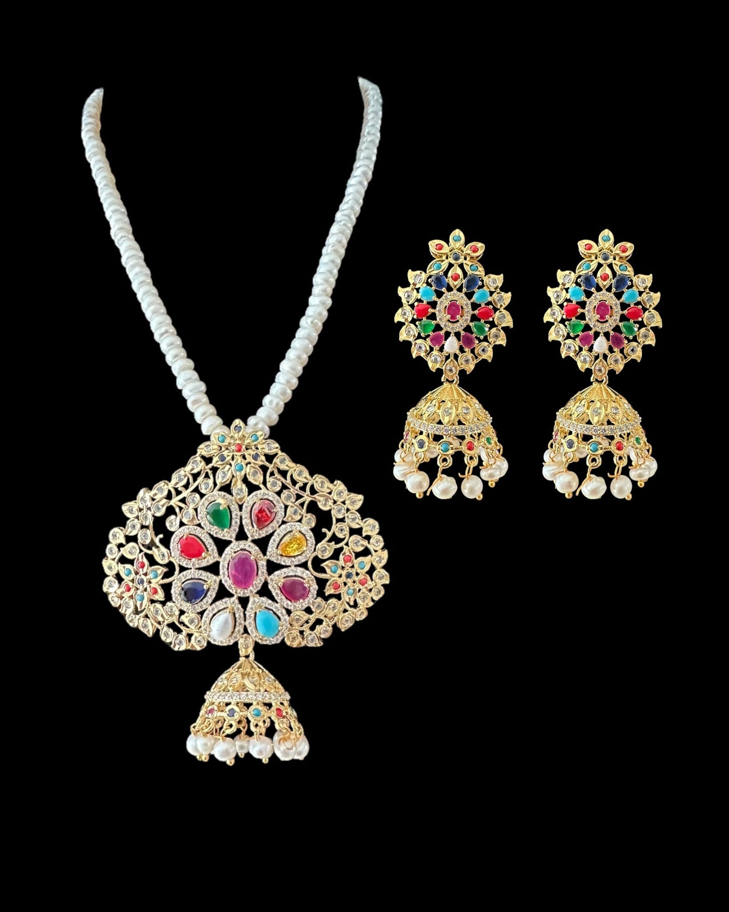 PS316 fresh water pearl pendant set in navratan ( READY TO SHIP )
