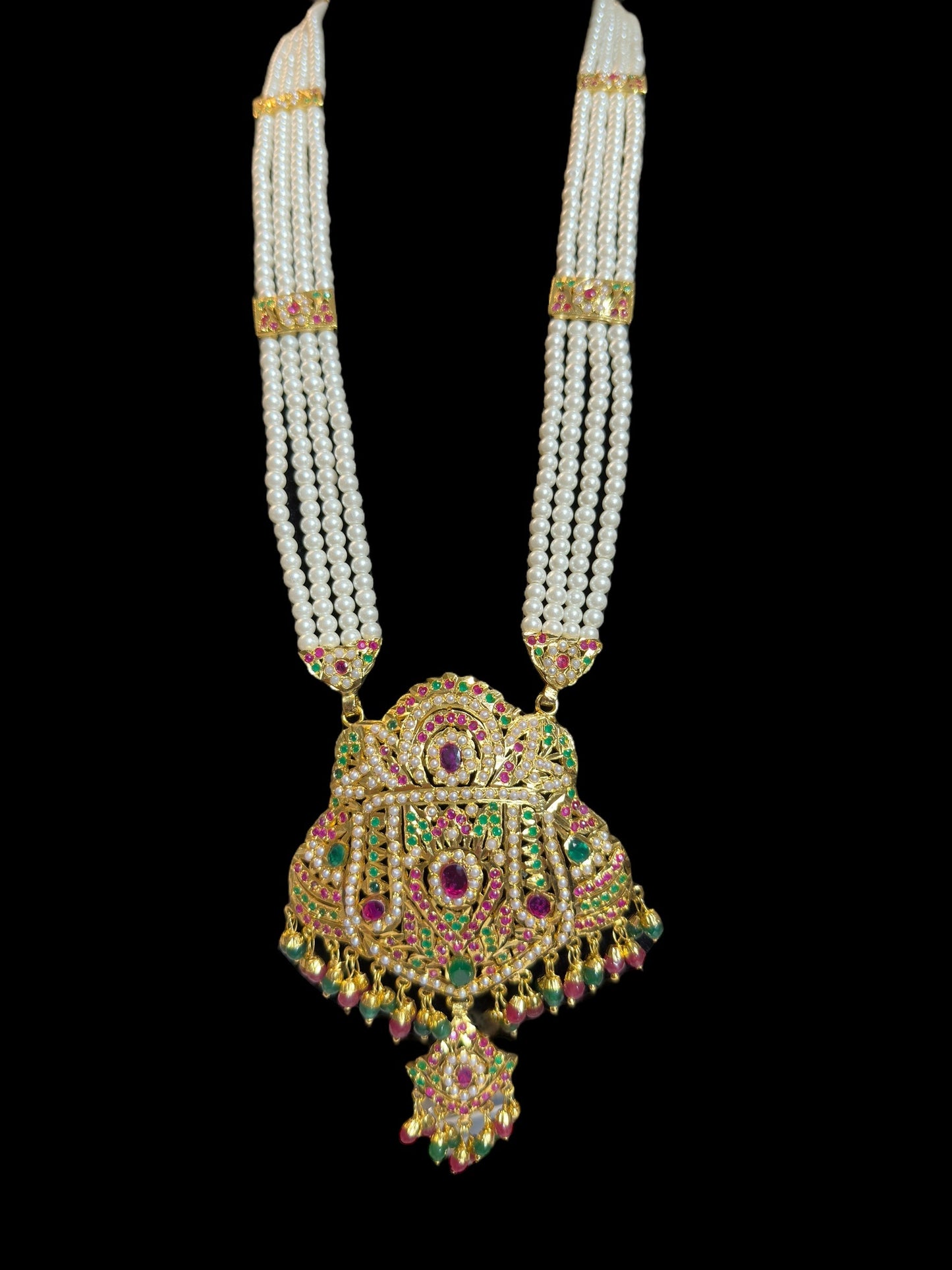 DLN92 jadau rani haar in ruby emerald with pearls ( READY TO SHIP )
