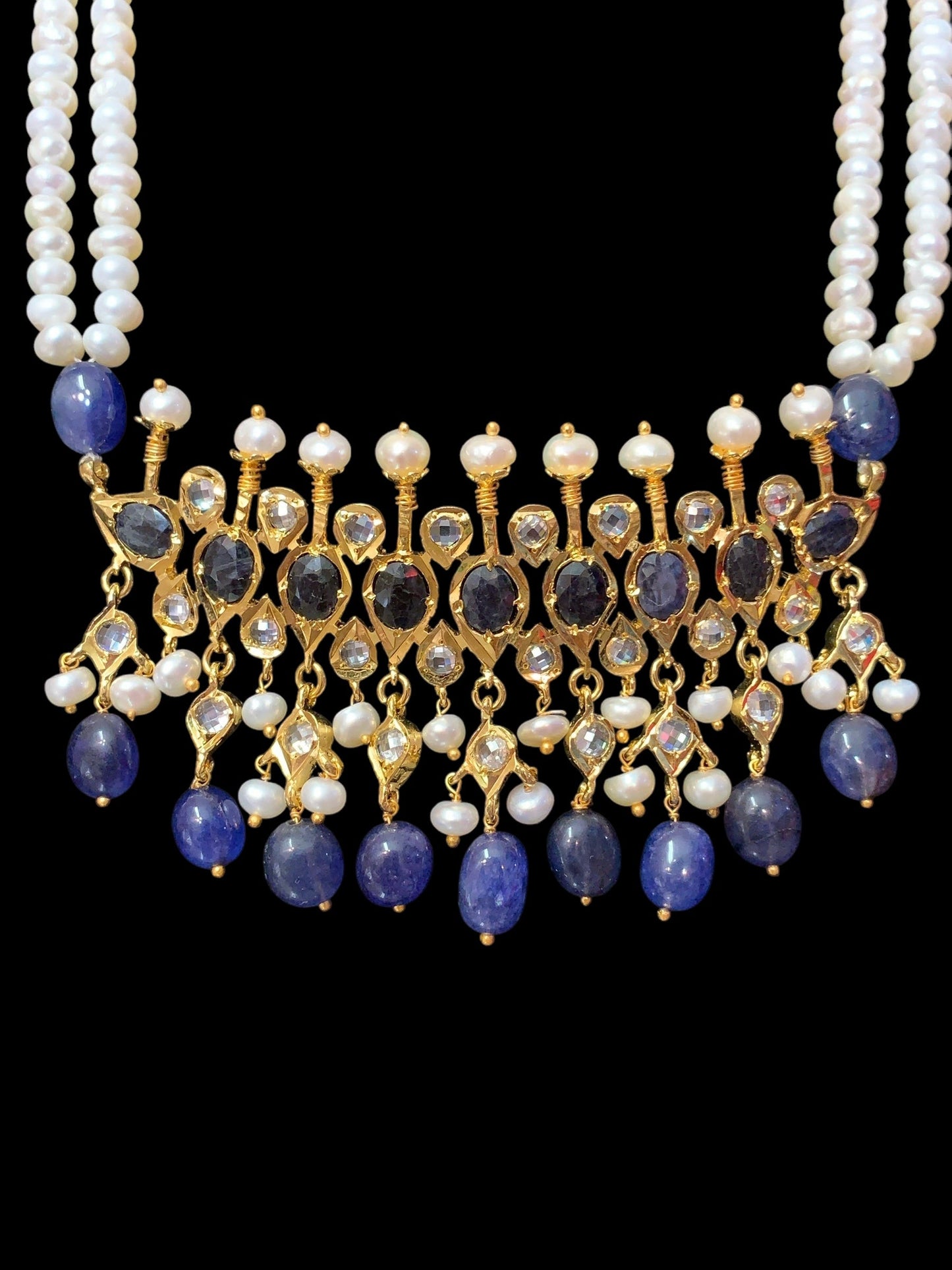 Tirmani Necklace Set with chandbali Earrings – 22K Gold-Plated Jewelry with Freshwater Pearls and sapphire
( SHIPS IN 4 WEEKS )