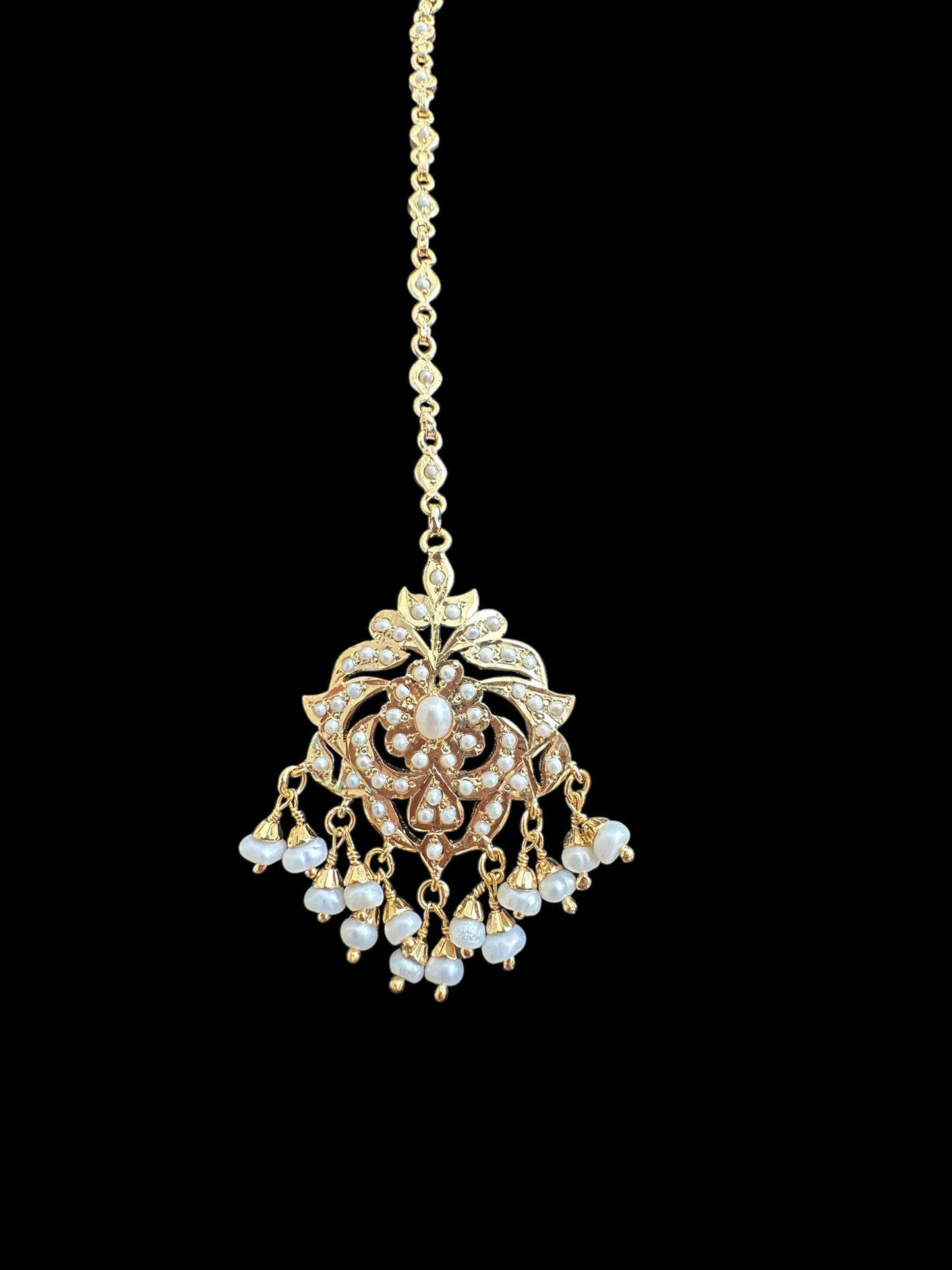 Gold plated silver tikka in fresh water pearls ( READY TO SHIP )