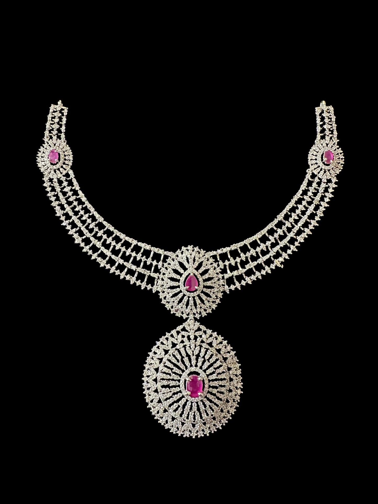 DNS172 Cz necklace set with earrings tika silver plated - Ruby centre stone (READY TO SHIP)