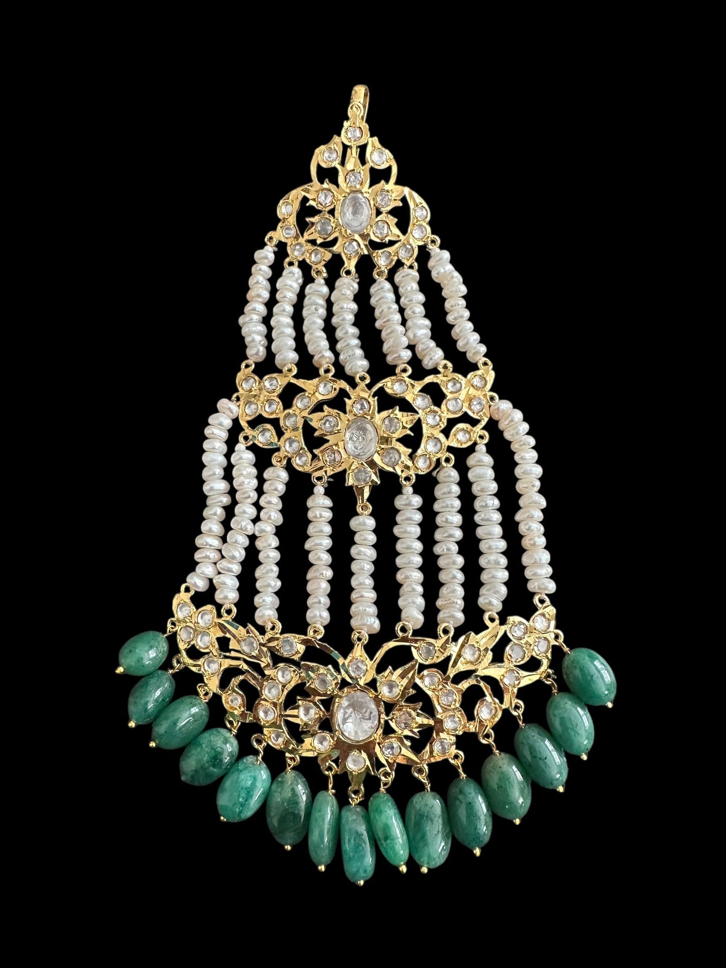 JTK19 Insha hyderabadi jhoomar tika in emeralds and fresh water pearls ( SHIPS IN 2 WEEKS )