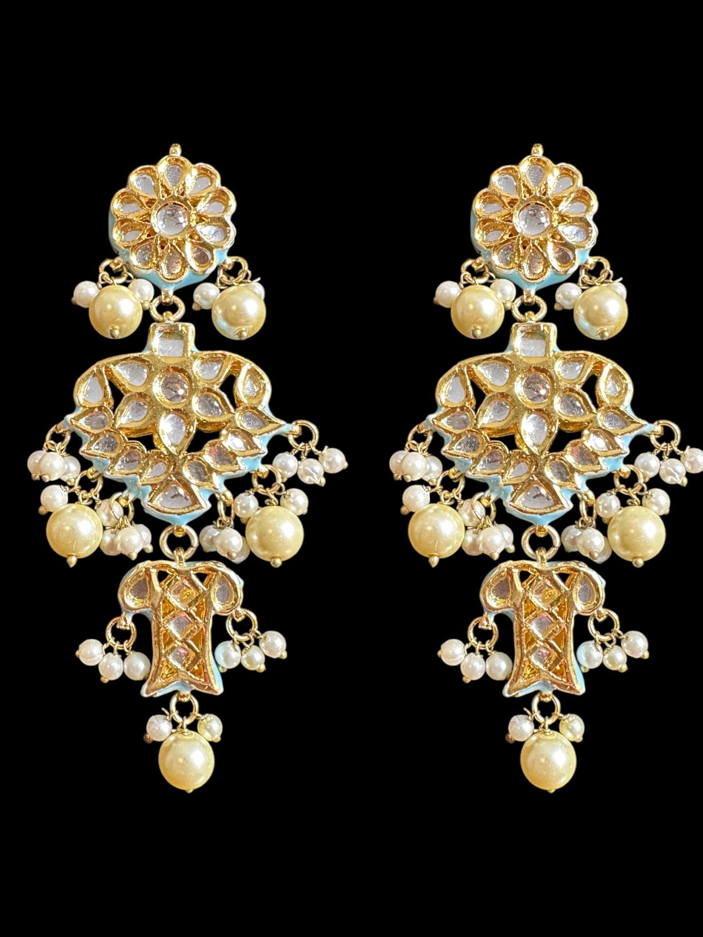 Kundan meena earrings - turquoise with pearl ( READY TO SHIP )