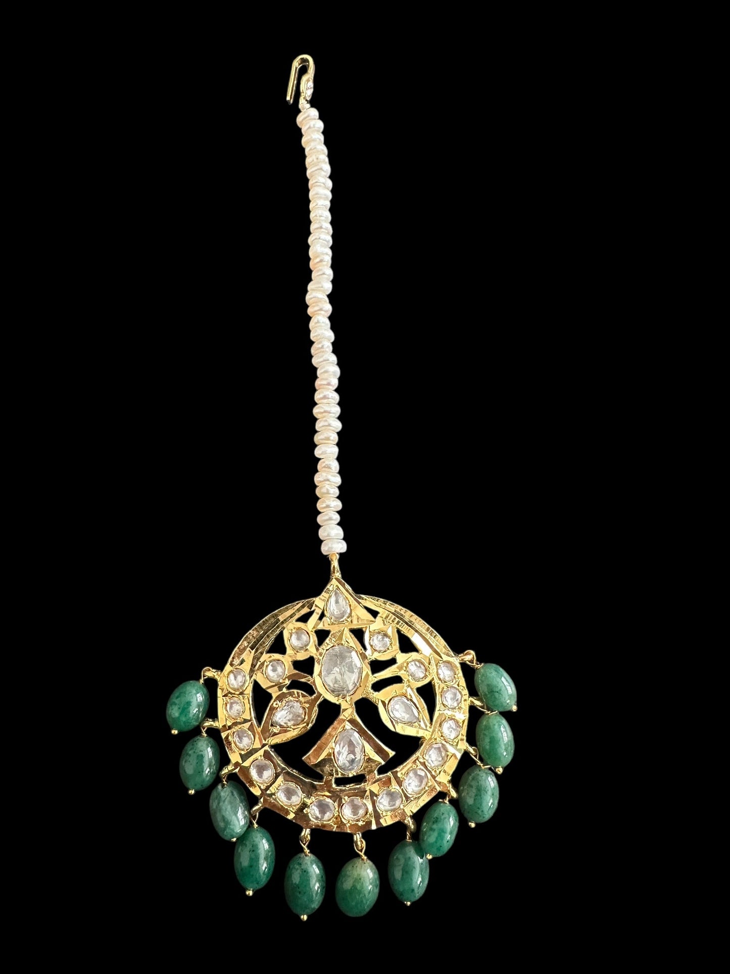 JTK19 Insha hyderabadi jhoomar tika in emeralds and fresh water pearls ( SHIPS IN 2 WEEKS )