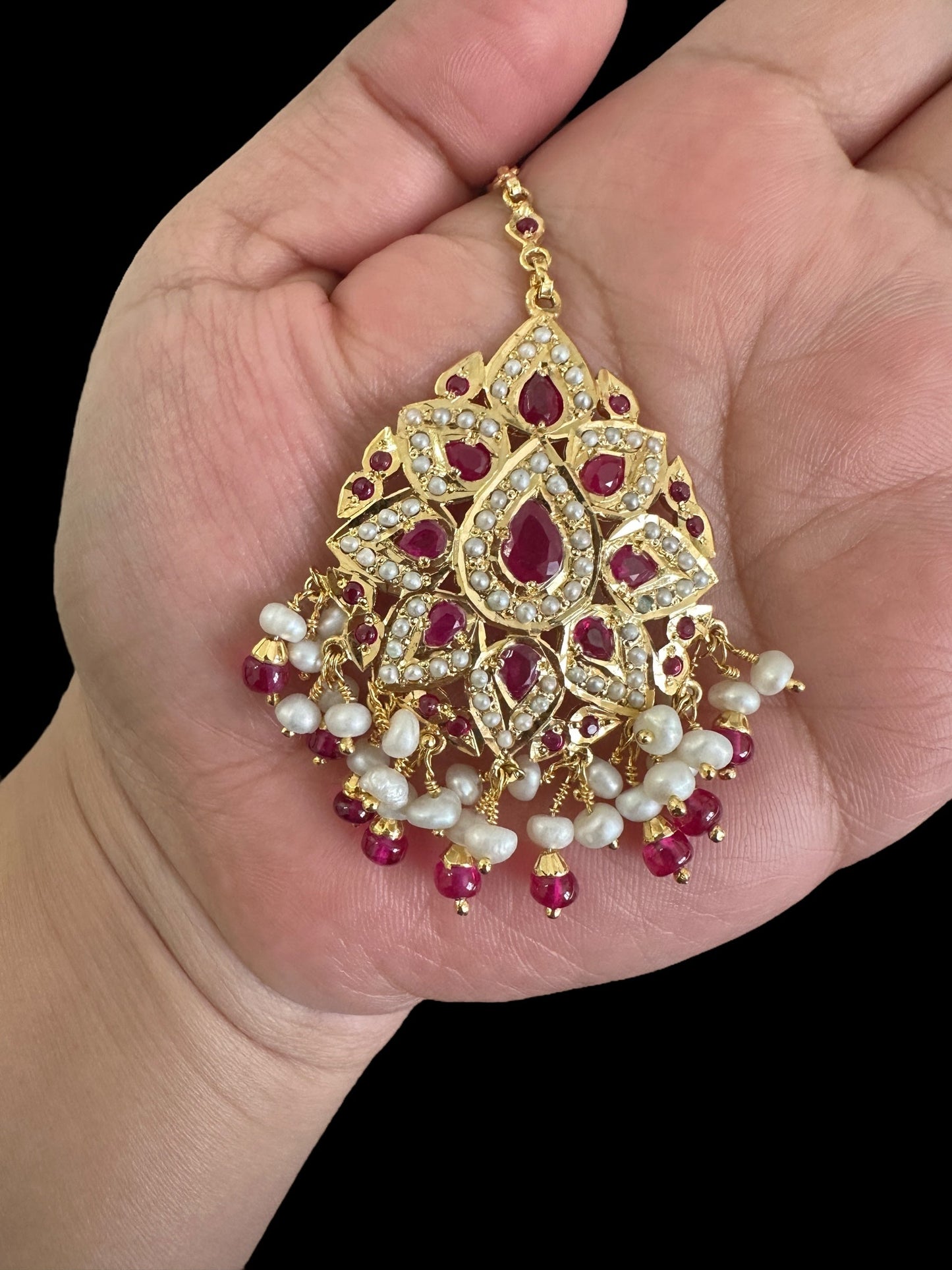 Gold plated silver jadau tikka in pearls and rubies ( SHIPS IN 5 WEEKS )