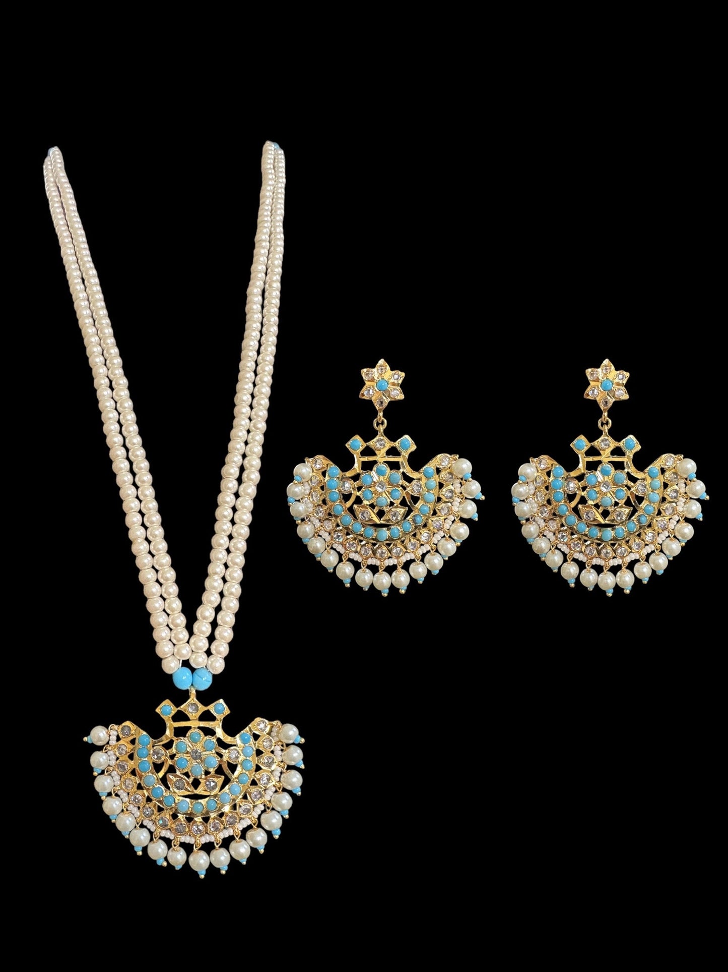 PS400 Turquoise / feroza hyderabadi pendant set with pearls ( READY TO SHIP )
