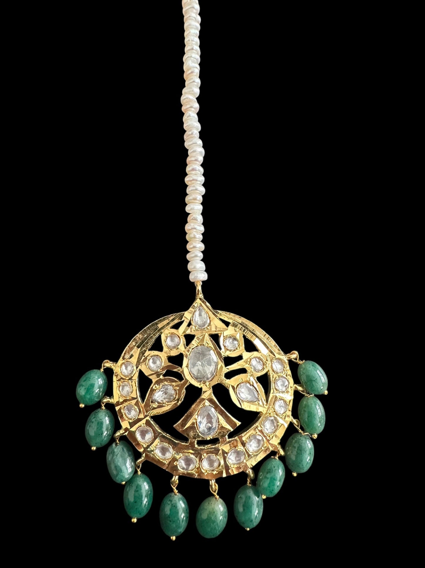 JTK19 Insha hyderabadi jhoomar tika in emeralds and fresh water pearls ( SHIPS IN 2 WEEKS )