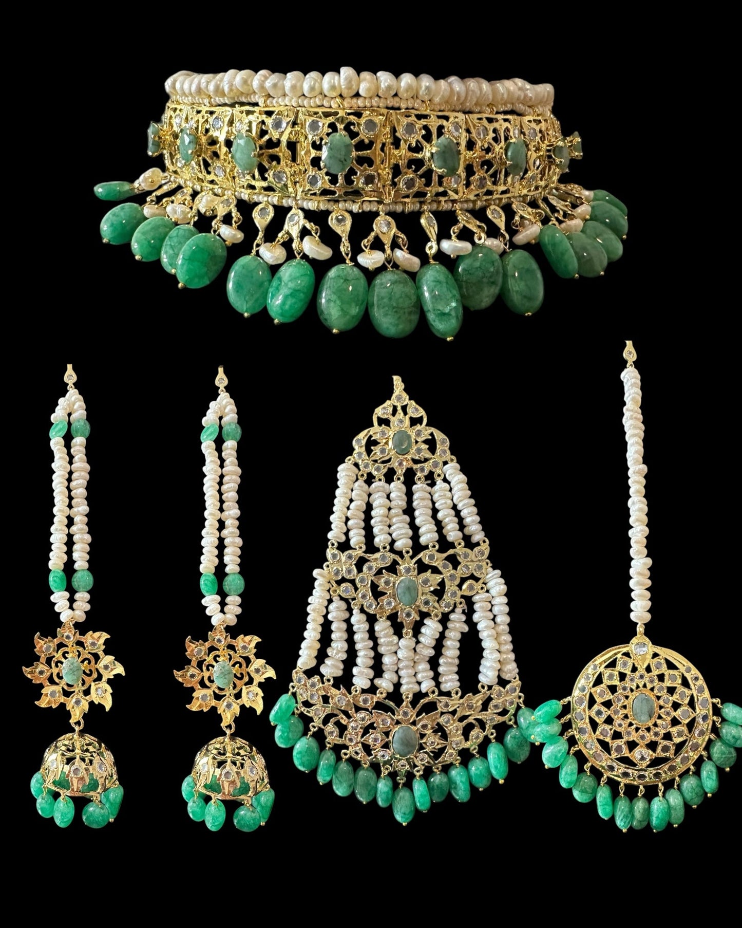 BR482 Insia Hyderabadi bridal set in emeralds with fresh water pearls ( READY TO SHIP )