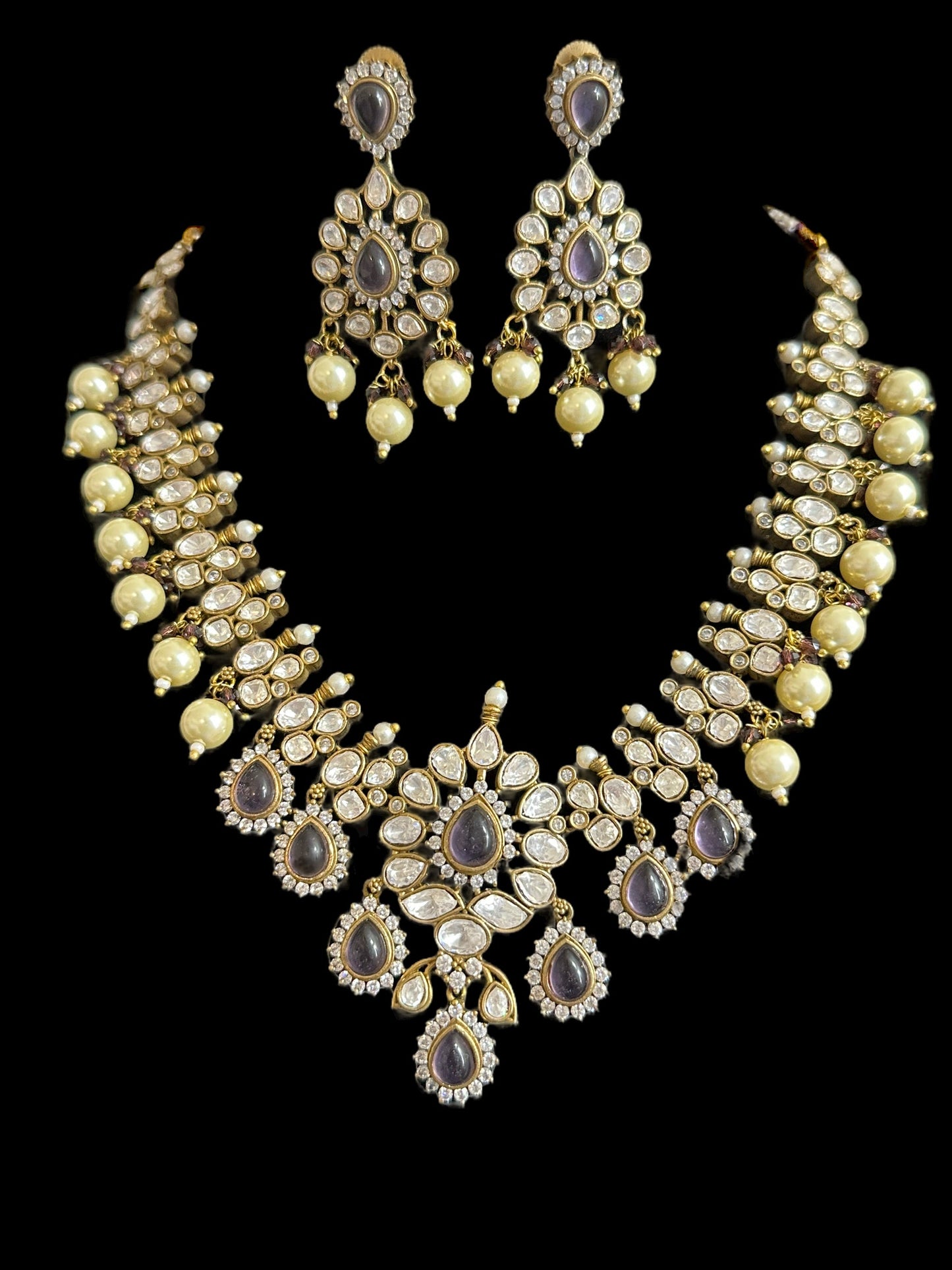 BR302 High quality Polki necklace set with tika - purple ( READY TO SHIP )