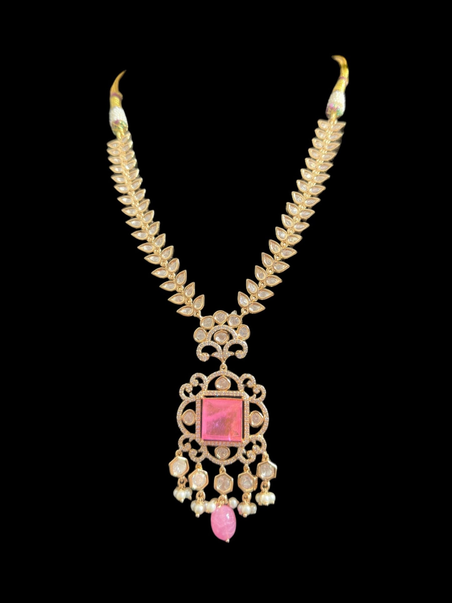 DNS173 Polki necklace set with pearls - PINK ( READY TO SHIP )