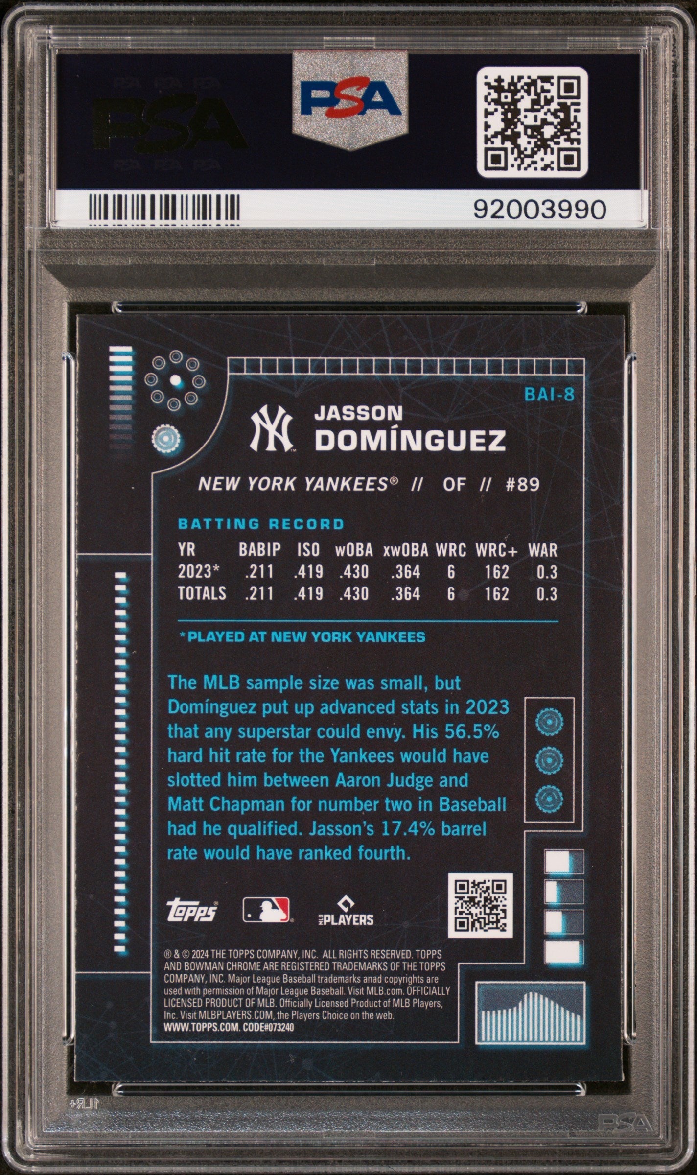 Graded 2024 Topps Bowman Jasson Dominguez #BAI8 AI Rookie RC Baseball Card PSA 10 Gem Mint