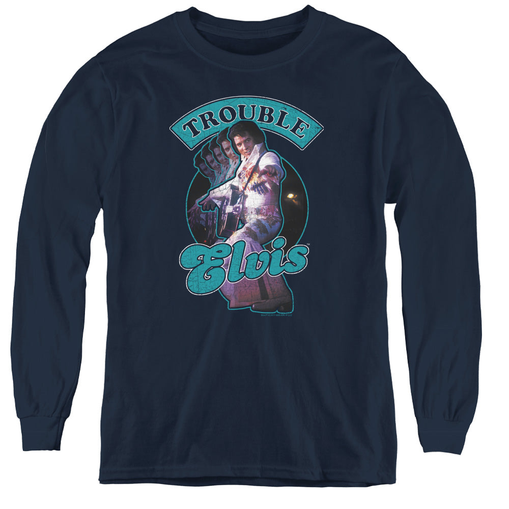 Elvis Presley Total Trouble Long Sleeve Kids Youth T Shirt Navy Blue Officially Licensed