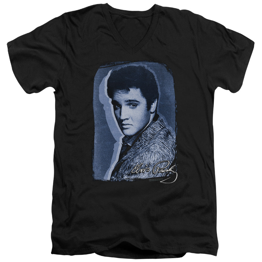Elvis Presley Overlay Mens Slim Fit V Neck T Shirt Black Officially Licensed