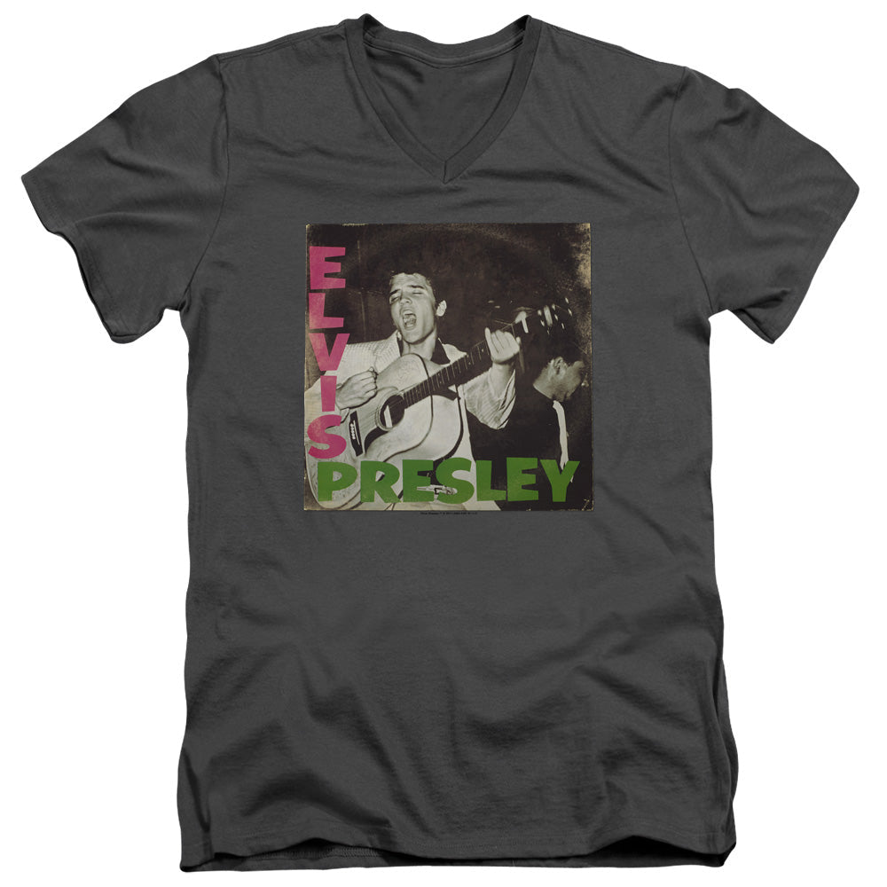 Elvis Presley First Lp Mens Slim Fit V Neck T Shirt Charcoal Officially Licensed