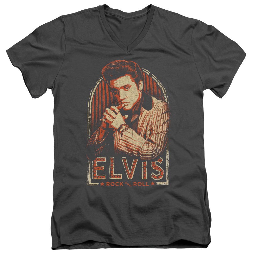 Elvis Presley Stripes Mens Slim Fit V Neck T Shirt Charcoal Officially Licensed