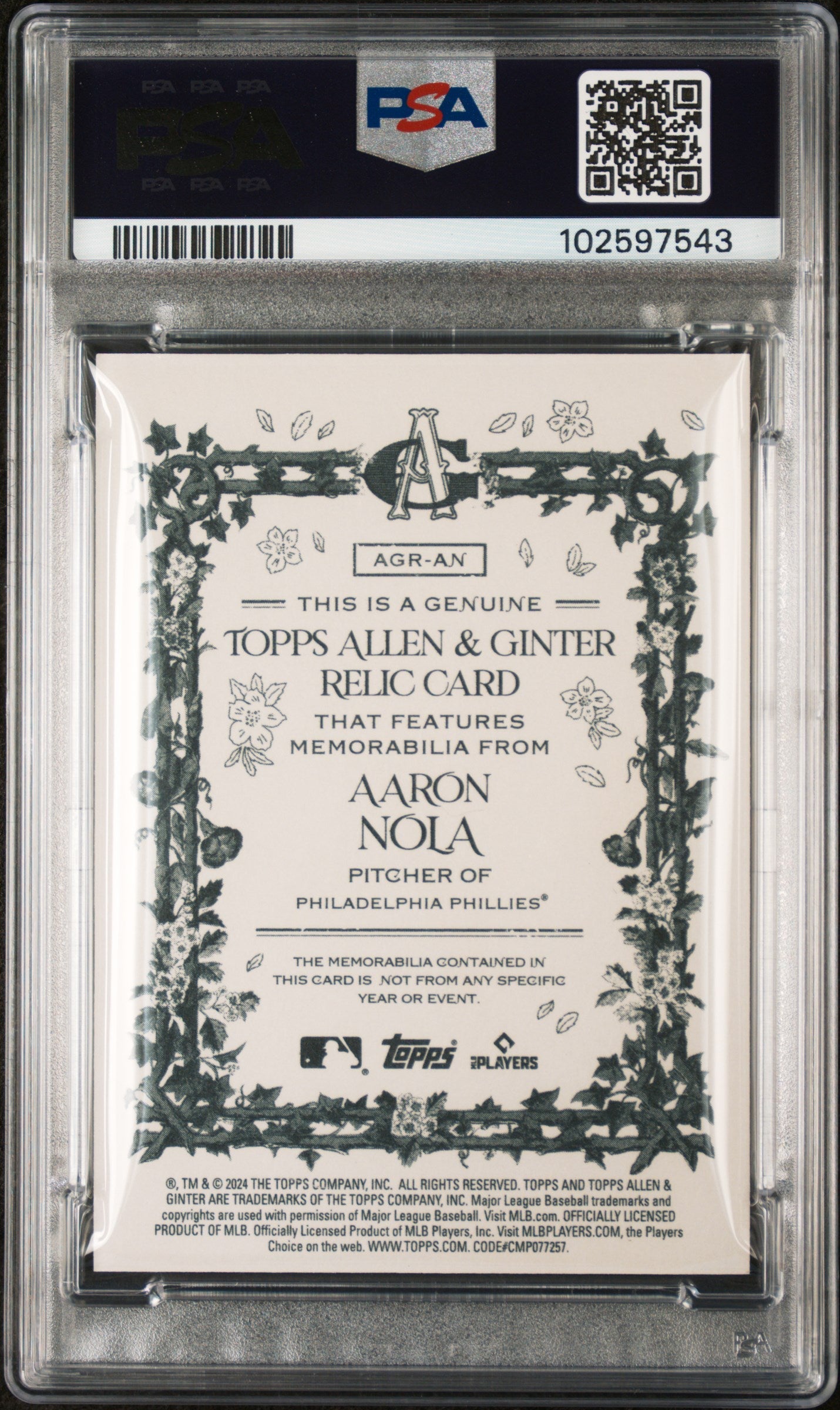 Graded 2024 Topps Allen & Ginter Aaron Nola #AGRAN Relic B Baseball Card PSA 10 Gem Mint