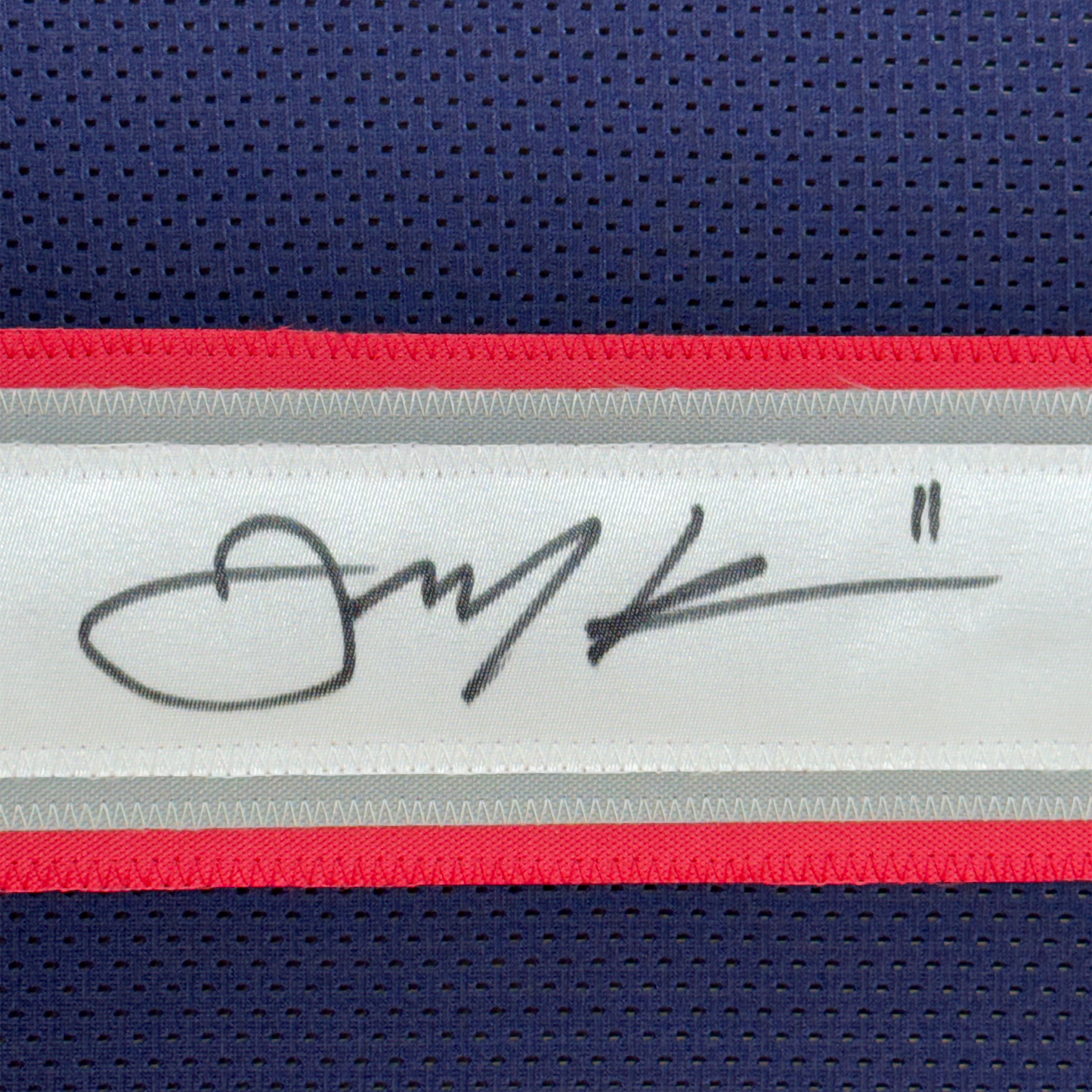 Framed Autographed/Signed Julian Edelman 35x39 New England Blue Football Jersey JSA COA