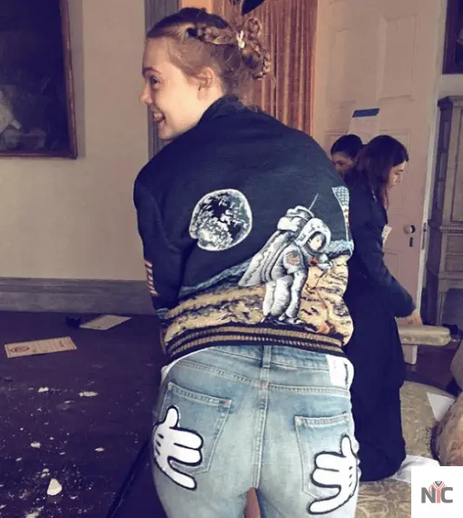 Elle Fanning Saint Laurent Moon Landing Black Varsity Jacket