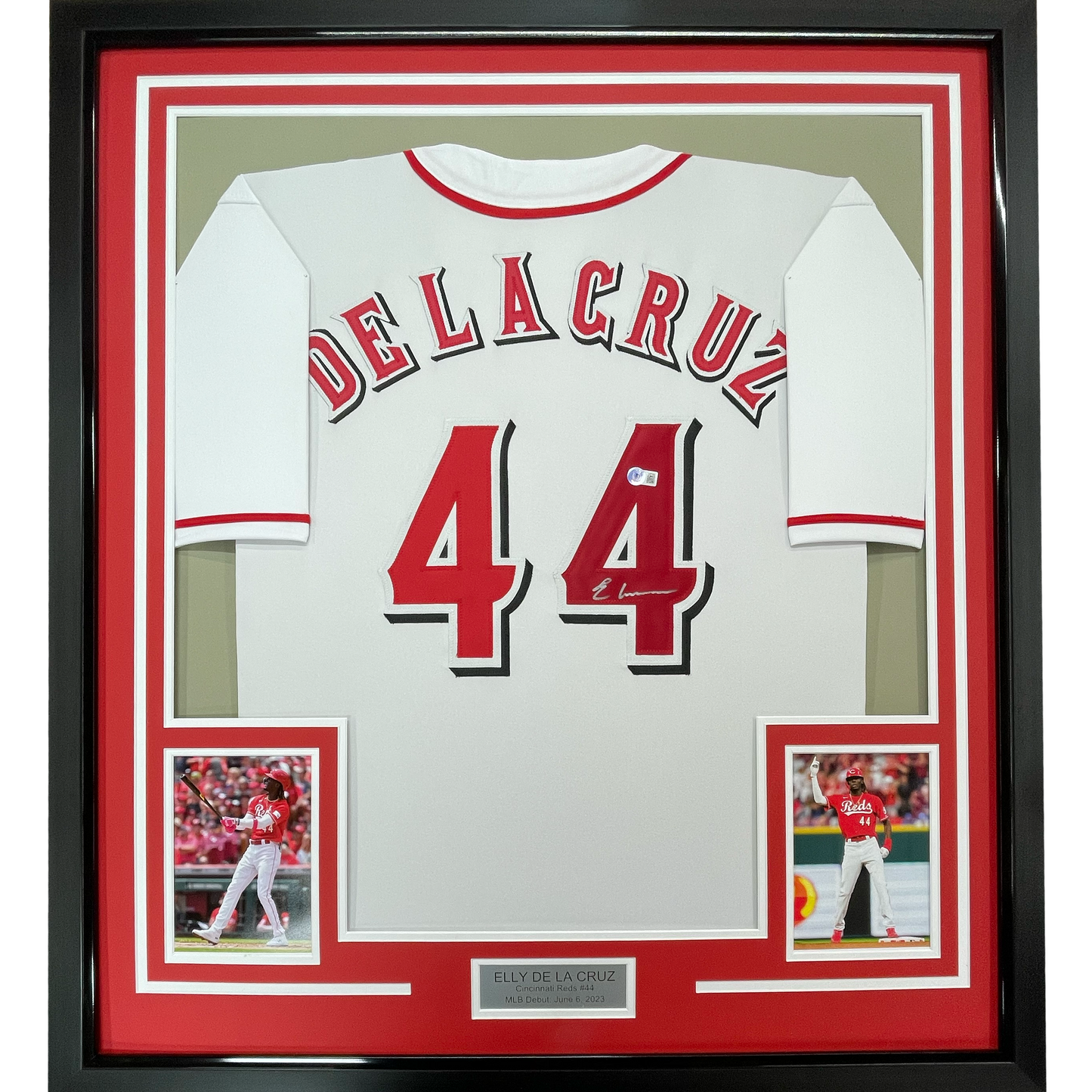 Framed Autographed/Signed Elly De La Cruz 35x39 Cincinnati White Baseball Jersey Beckett BAS COA