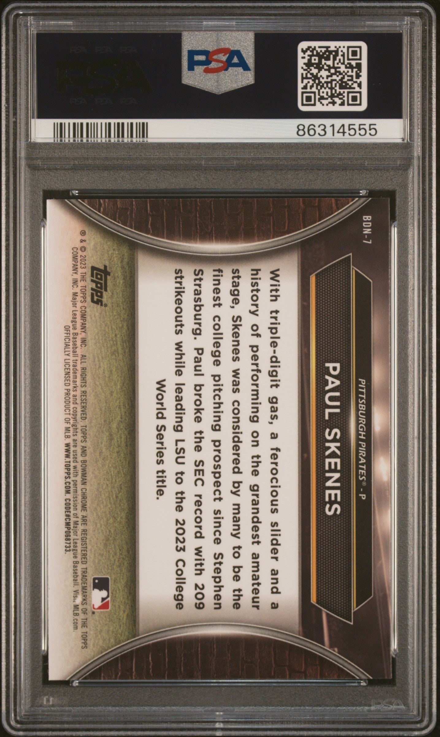 Graded 2023 Topps Bowman Draft Paul Skenes #BDN7 Draft Night Rookie RC Baseball Card PSA 10 Gem Mint