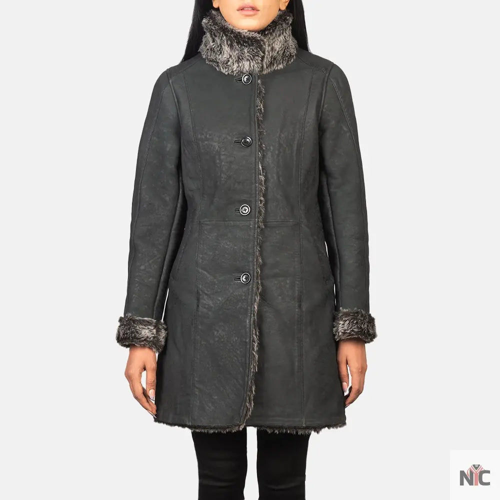 Erica Shearling Black Leather Coat