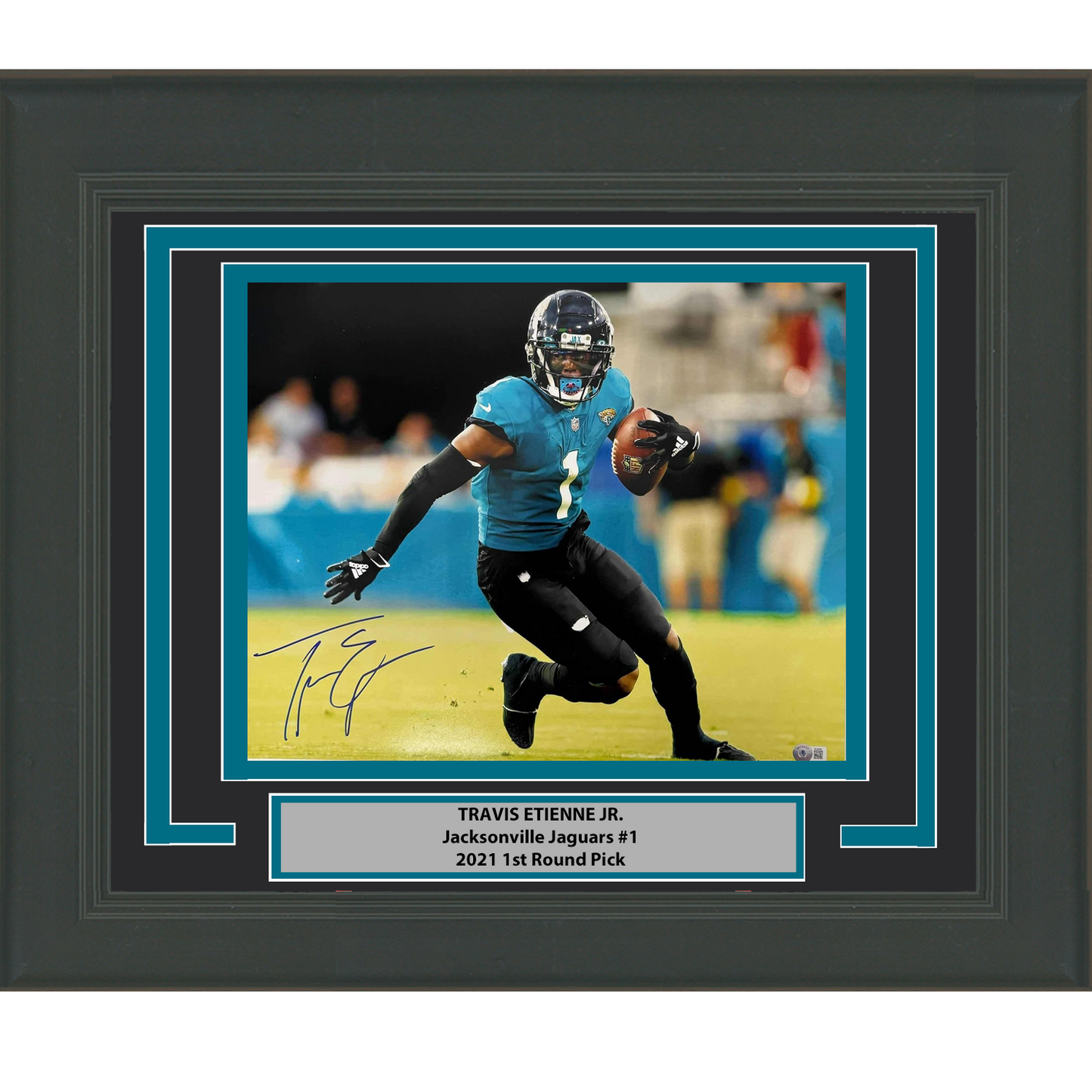 Framed Autographed/Signed Travis Etienne Jr Jacksonville Jaguars 16x20 Football Photo Beckett BAS COA