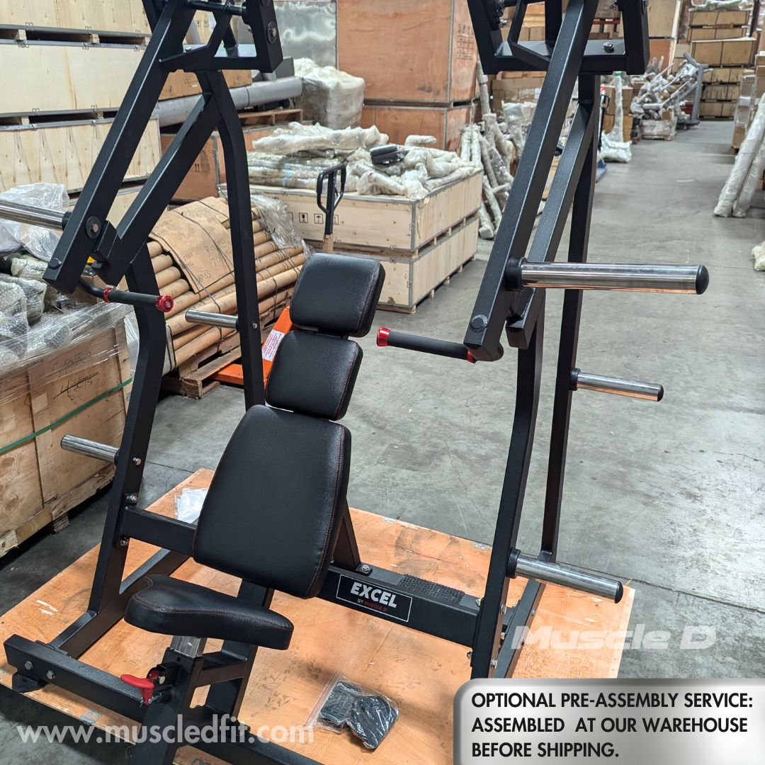 Excel Iso-Lateral Shoulder Press - Muscle D Fitness - Plate Load Military Press - Gas Shock Assisted Seat Adjustment - Weight Storage Pegs