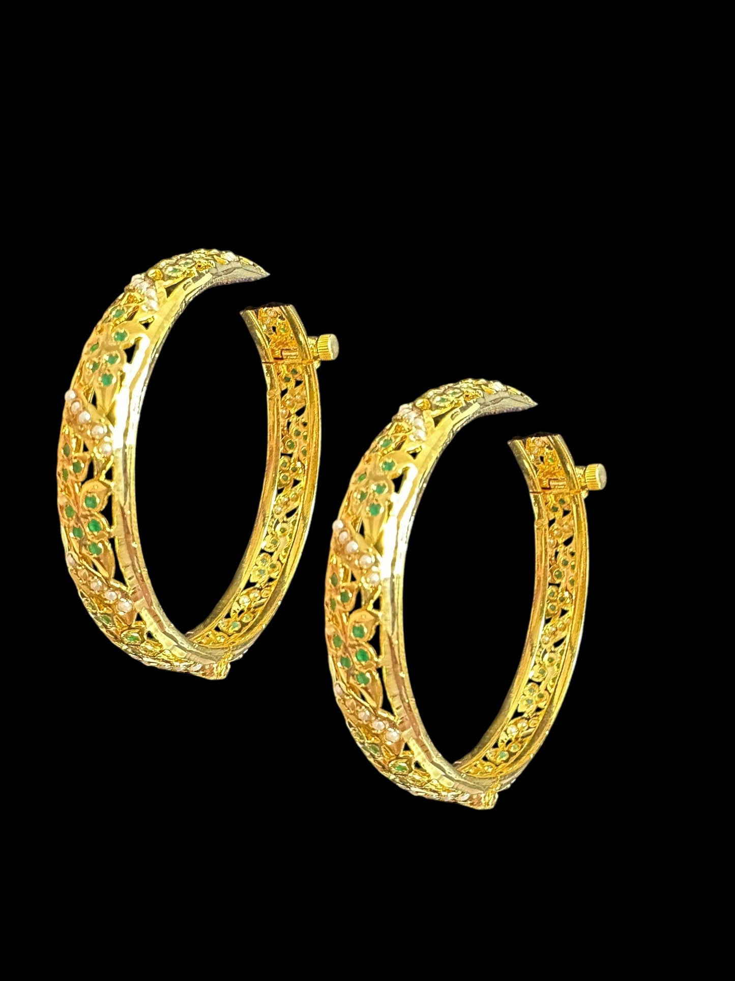 B309 Jadau bangles ( Emerald pearls ) ( READY TO SHIP)