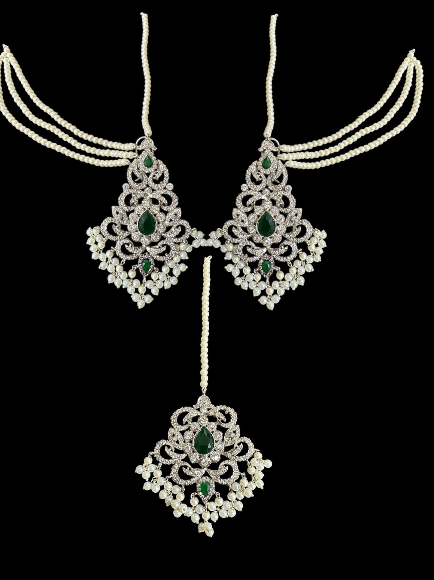 Raaga zircon earring tika set in green with silver plating ( SHIPS IN 4 WEEKS )