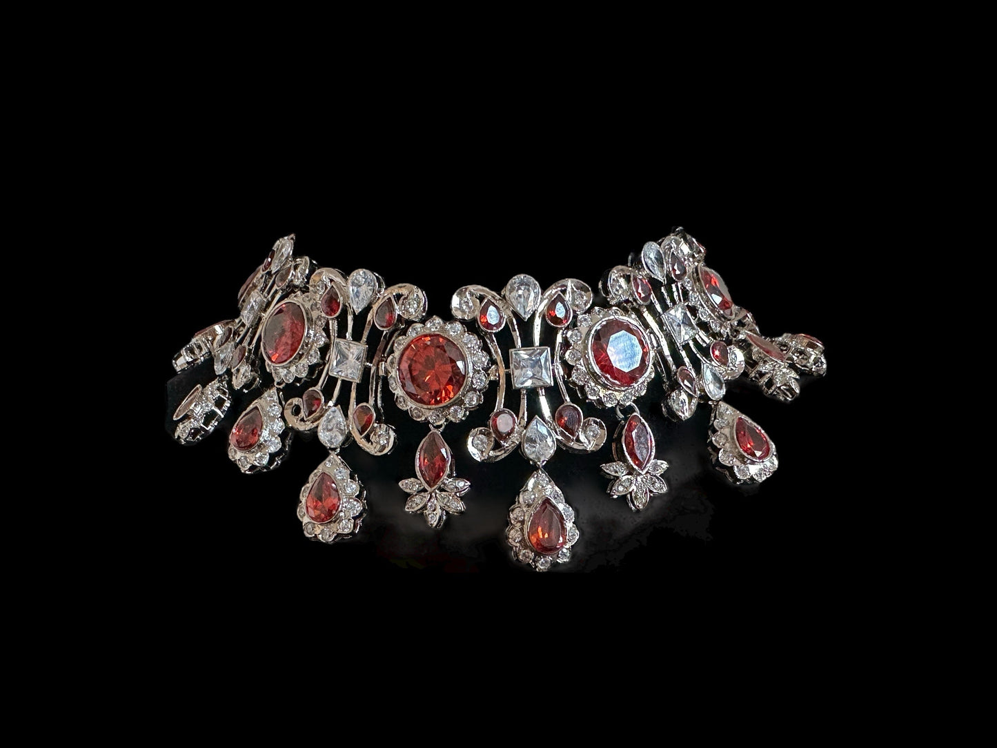 BR485 High quality cz necklace set with tika - coral / orange , silver plated ( READY TO SHIP )