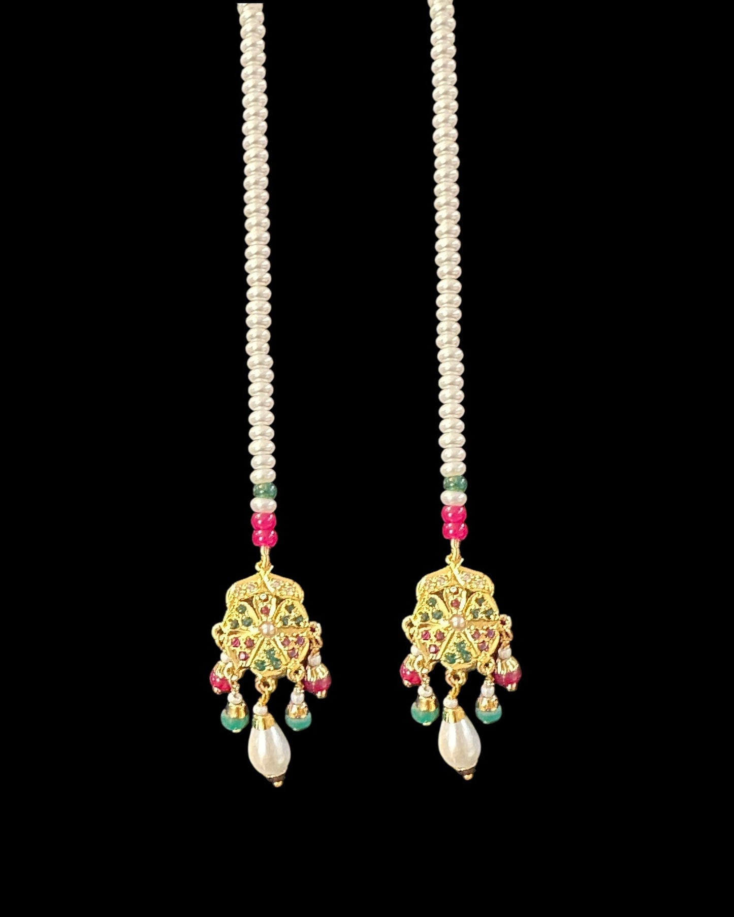 DNS207 Jadau necklace with earrings in ruby emerald zircon and real pearls ( READY TO SHIP )