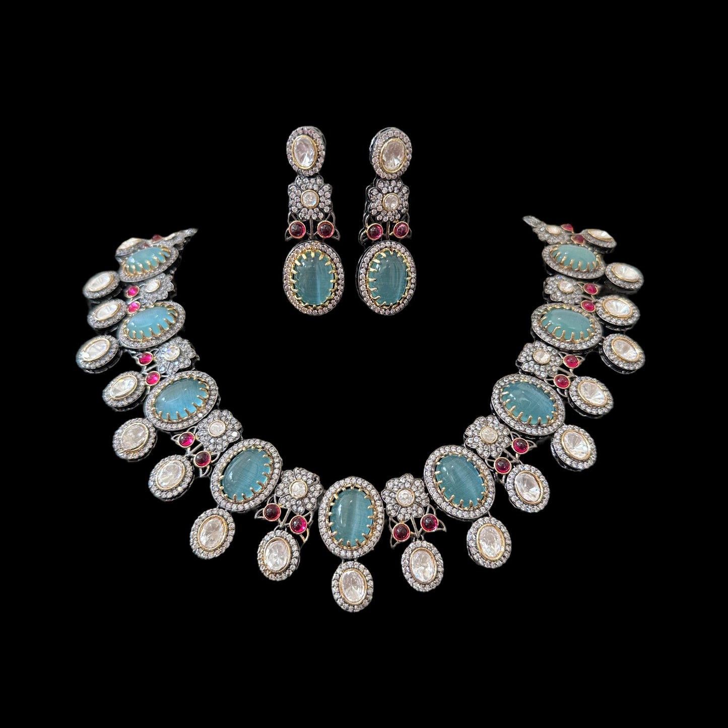 DNS82 Victorian fusion necklace set - turquoise with ruby ( READY TO SHIP )