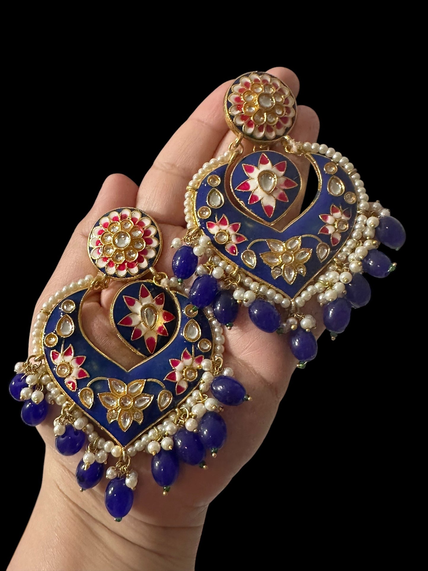 DER797 large sized kundan earrings - royal blue ( READY TO SHIP )