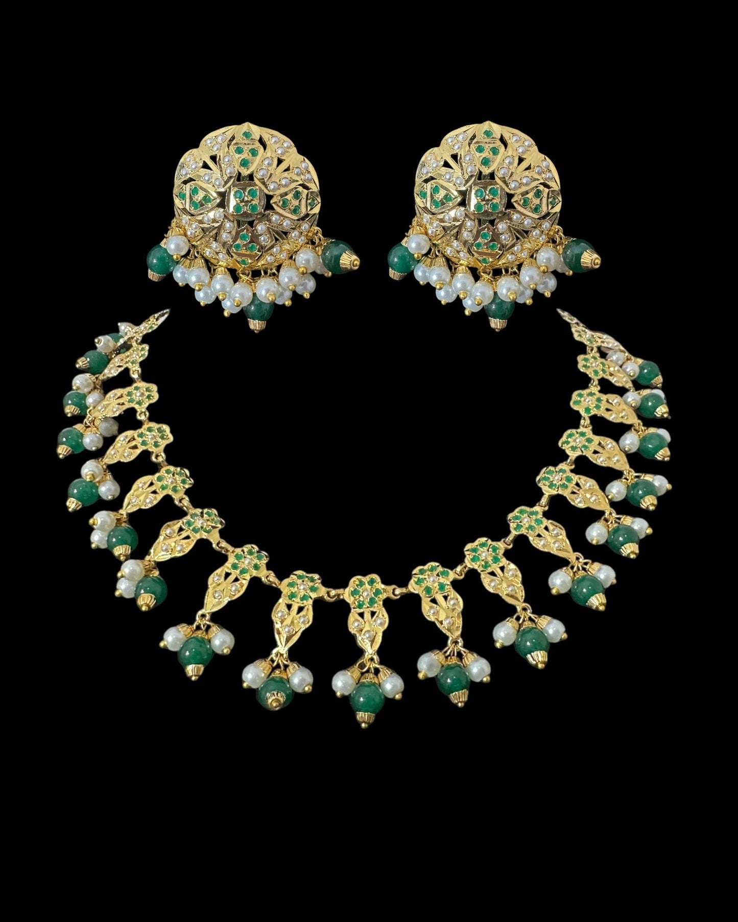 DNS194 Alea punjabi Jadau necklace set - Emerald / Green (READY TO SHIP)