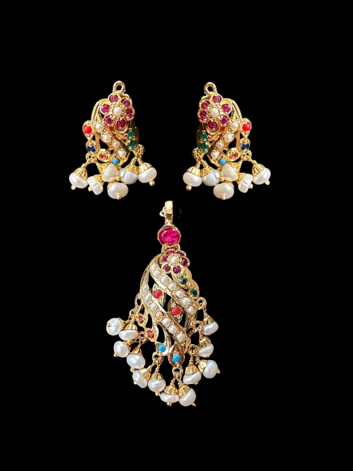 Gold plated jadau silver pendant set in navratan ( SHIPS IN 4 WEEKS )
