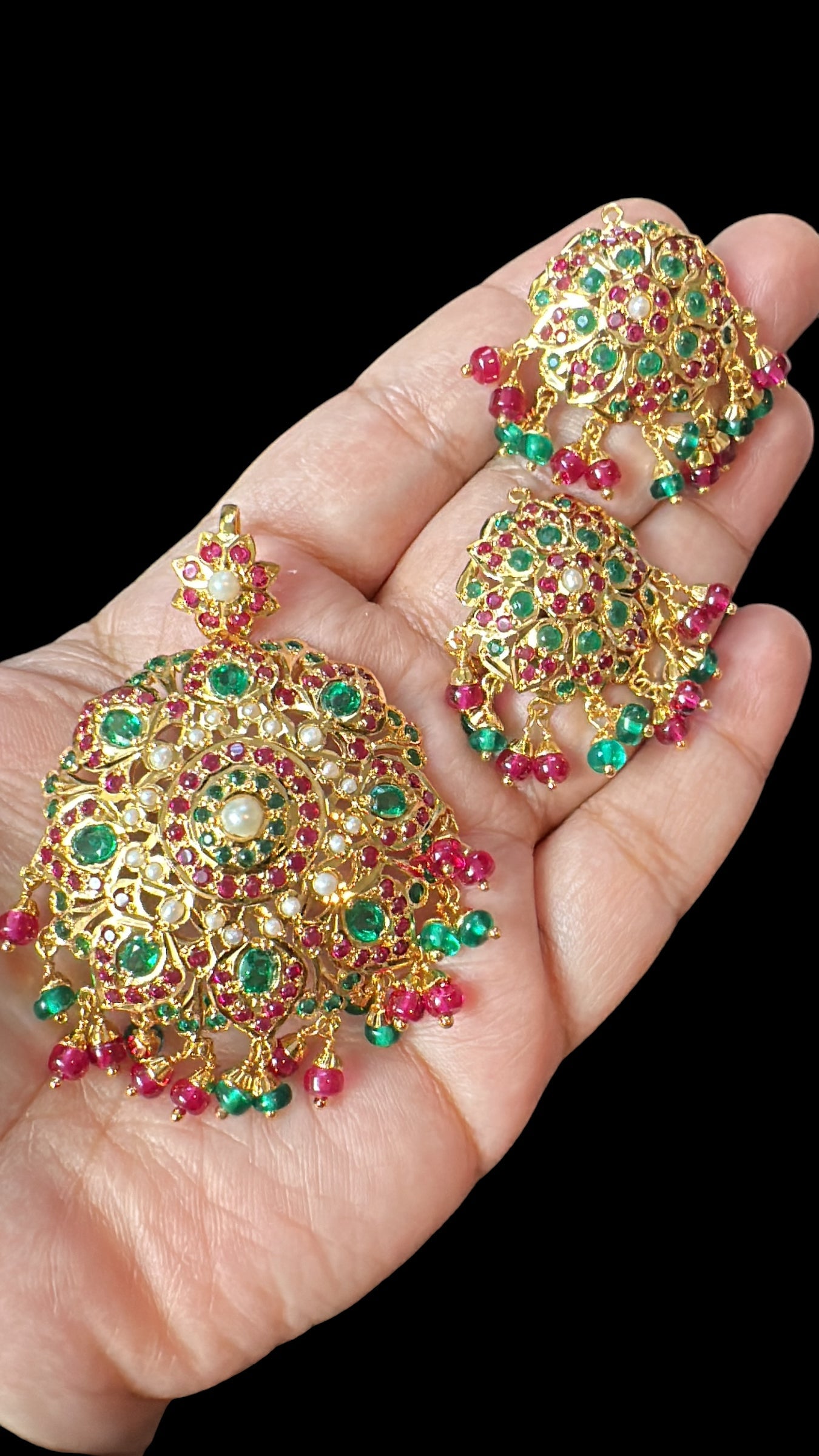 Gold plated jadau silver pendant set in ruby emeralds ( READY TO SHIP )